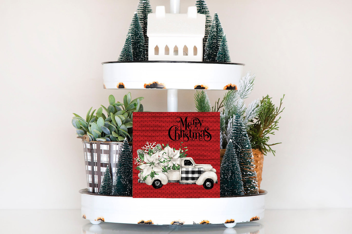White Poinsettia Truck Christmas Printed Handmade Wood Christmas Ornament Mini Sign