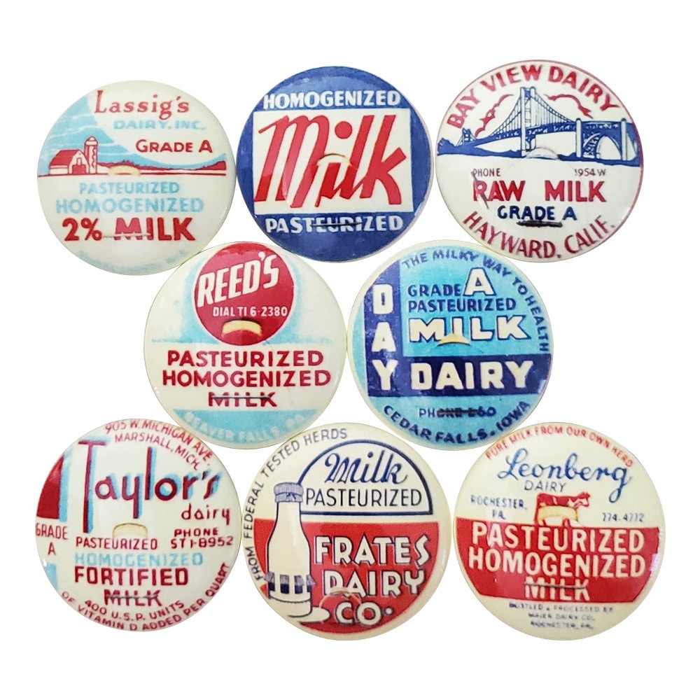 Set of 8 Vintage Milk Cap  Print Wood Cabinet Knobs, Drawer and Cabinet Pulls, Kitchen Cabinet Knobs, Vintage Advertising