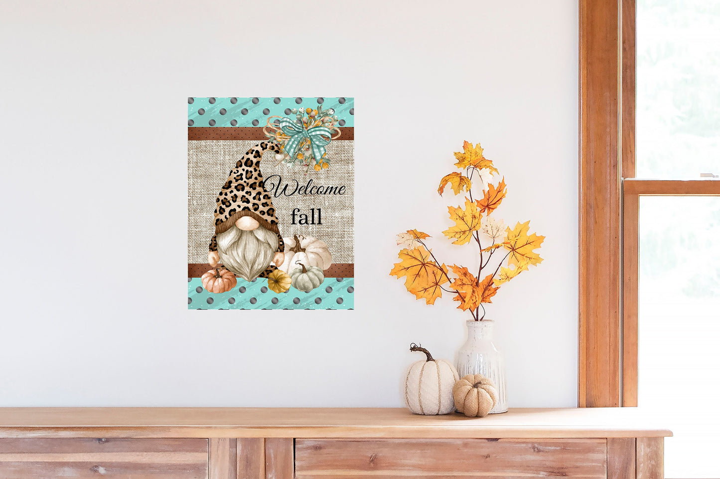 Welcome Fall Leopard Gnome Printed Handmade Wood Sign (7" x 9")