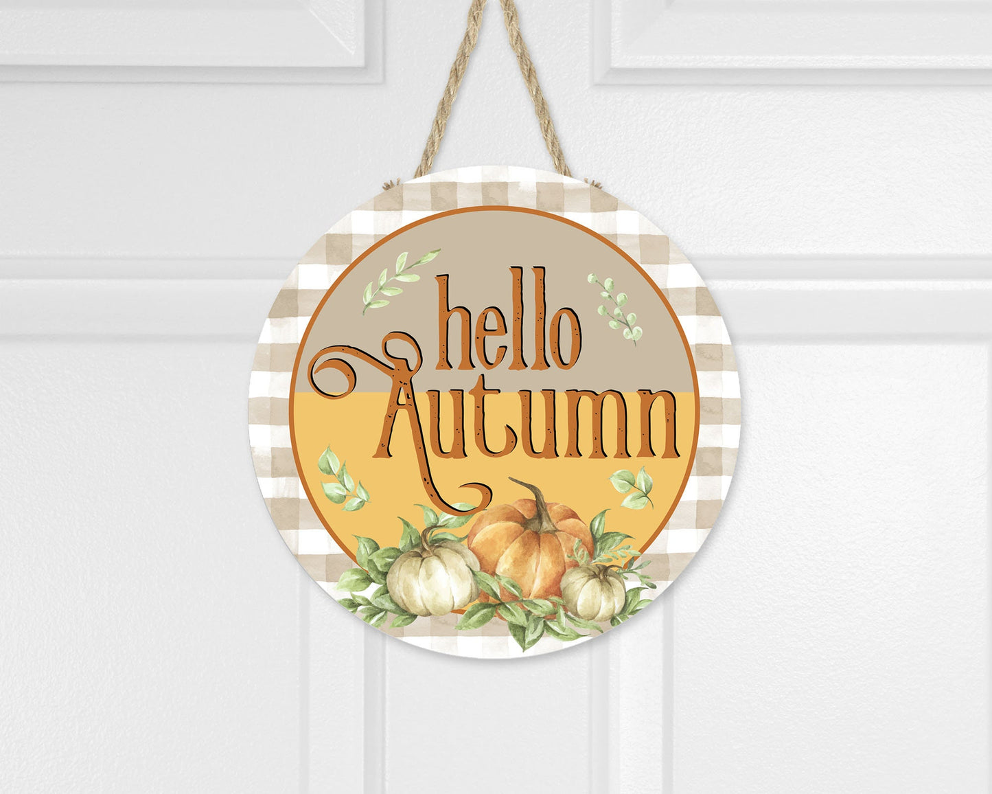 Hello Autumn Pumpkins Fall Round Printed Handmade Wood Sign