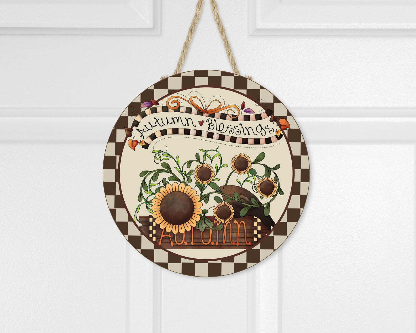 Primitive Autumn Blessings Sunflowers Fall Round Printed Handmade Wood Sign