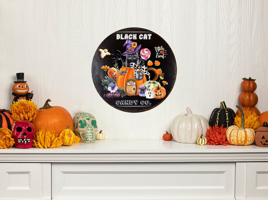 Black Cat Candy Co Halloween redondo impreso hecho a mano signo de madera (8" o 12")