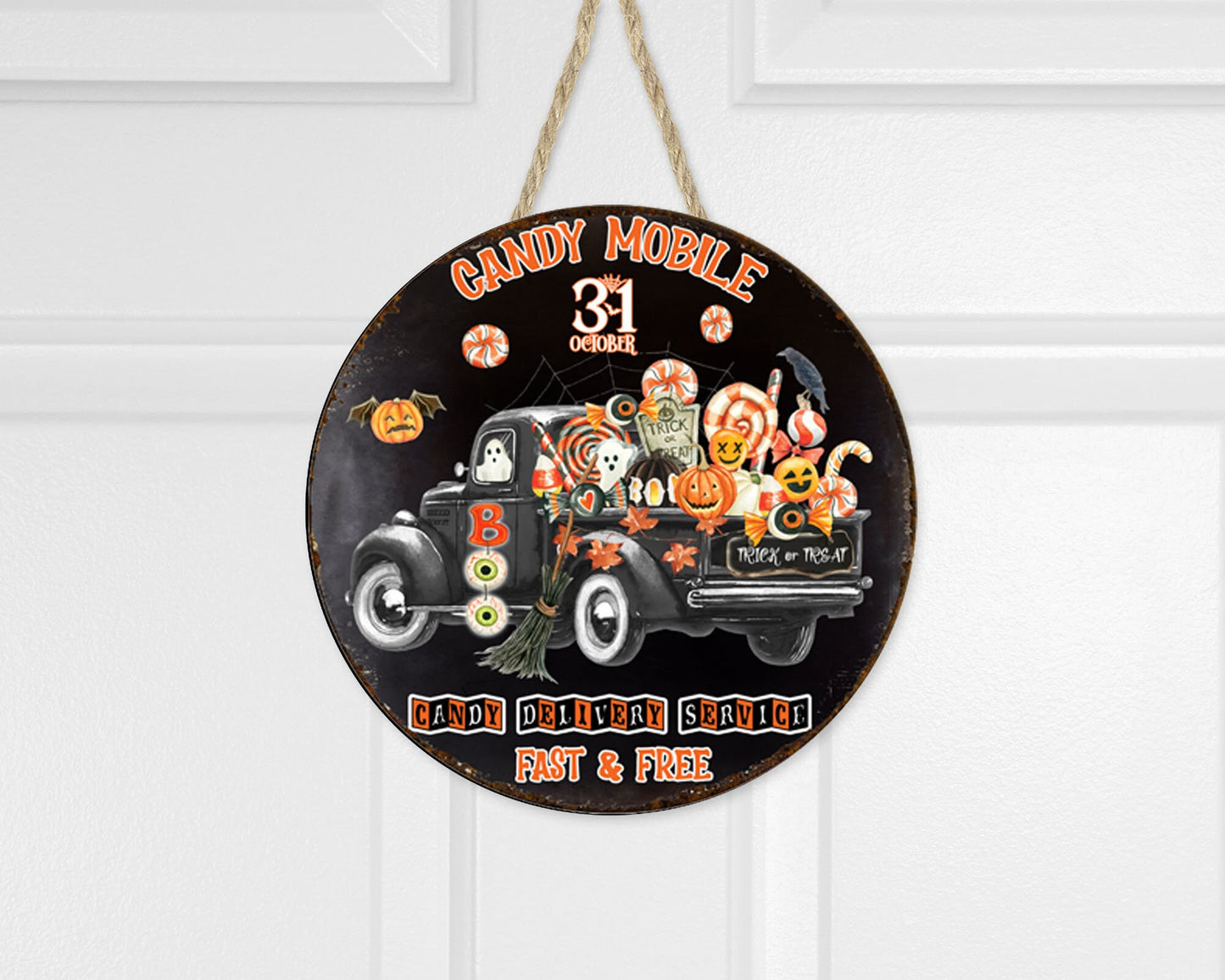 Candy Mobile Halloween redondo impreso hecho a mano cartel de madera