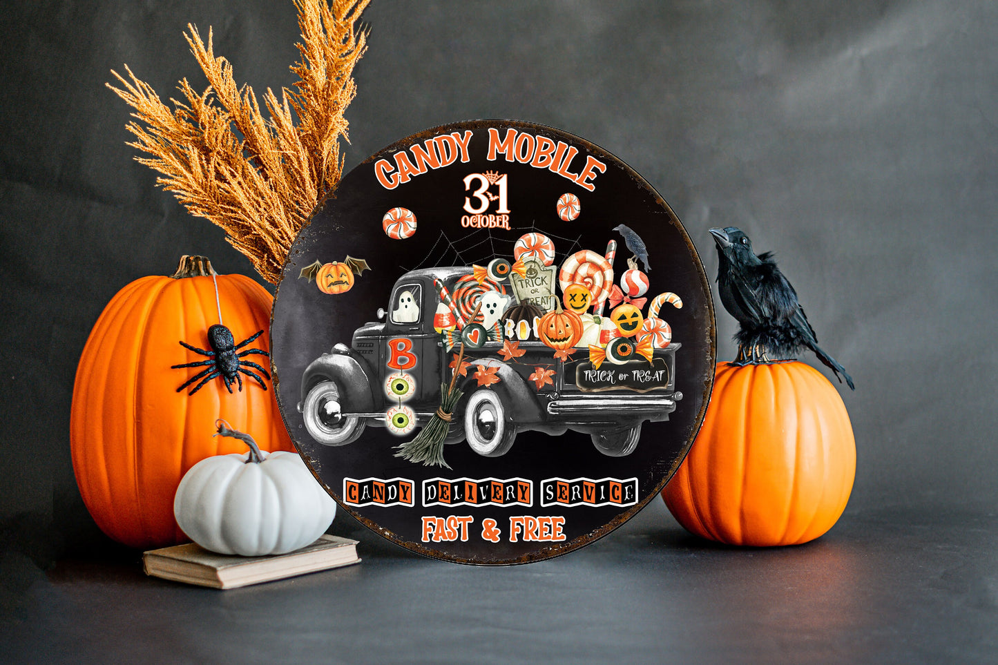 Candy Mobile Halloween redondo impreso hecho a mano cartel de madera