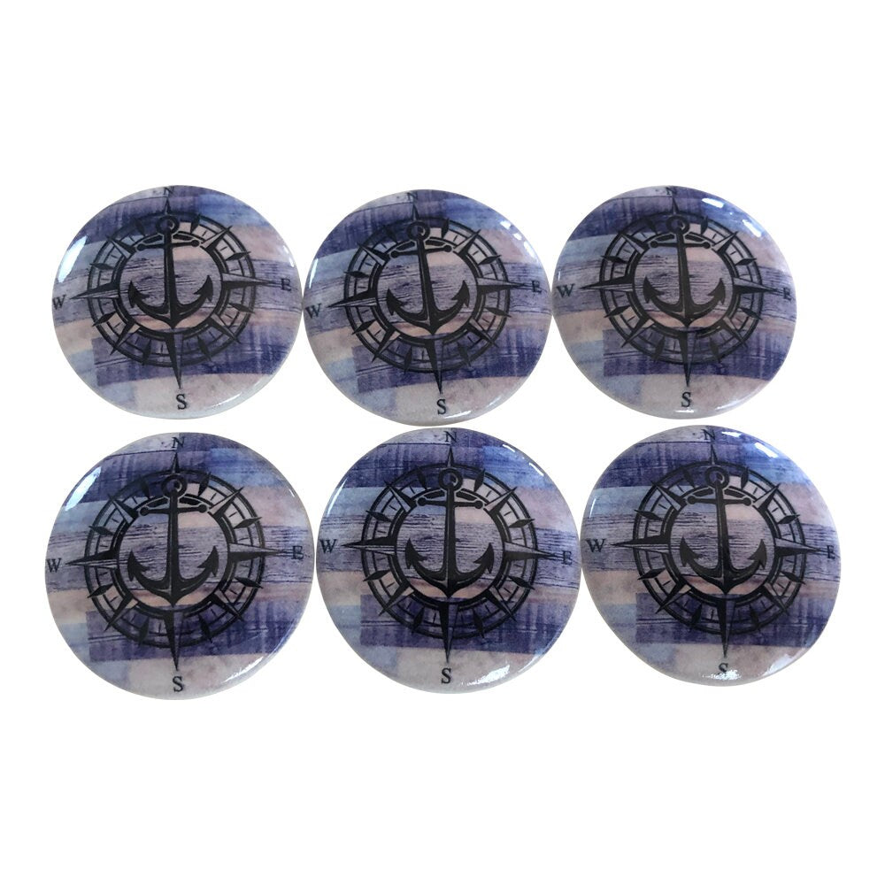 Set of 6 Blue Anchor Compass Nautical Wood Cabinet Knobs