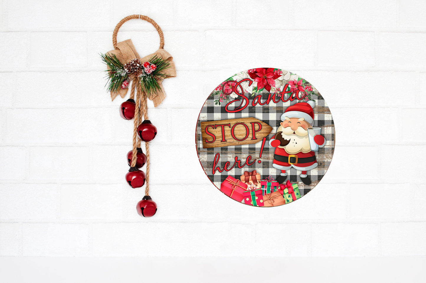 Santa Stop Here Christmas Round Printed Handmade Wood Sign