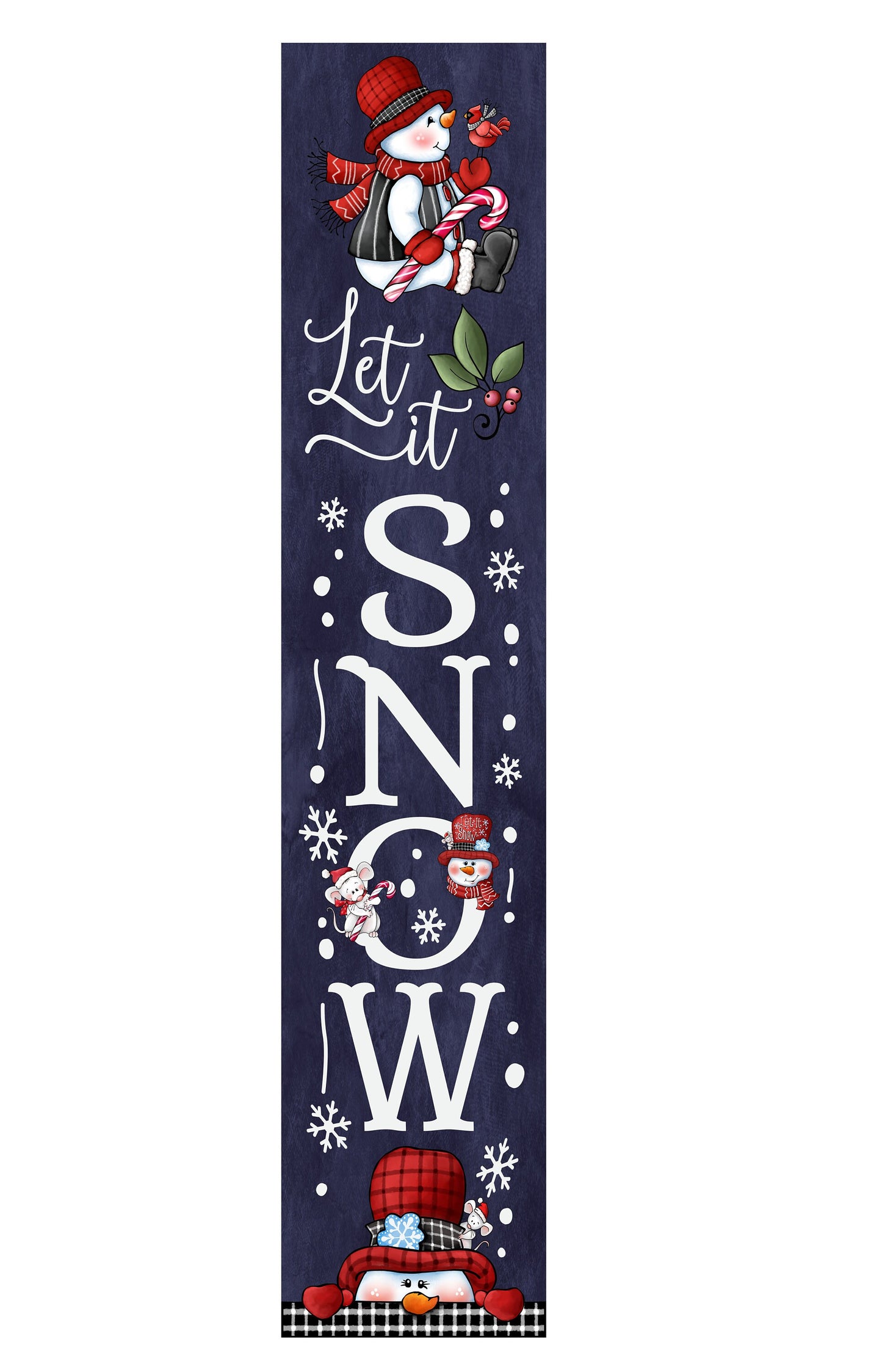 24 Inch (2 Foot Tall) Blue Snowman and Mouse Let it Snow Vertical Wood Sign