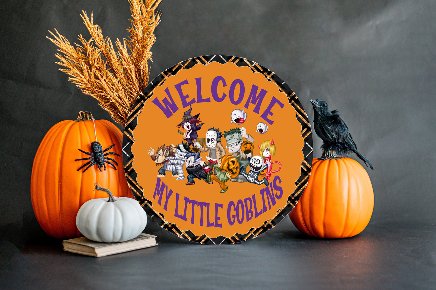 Welcome My Little Gobblins Halloween Round Printed Handmade Wood Sign