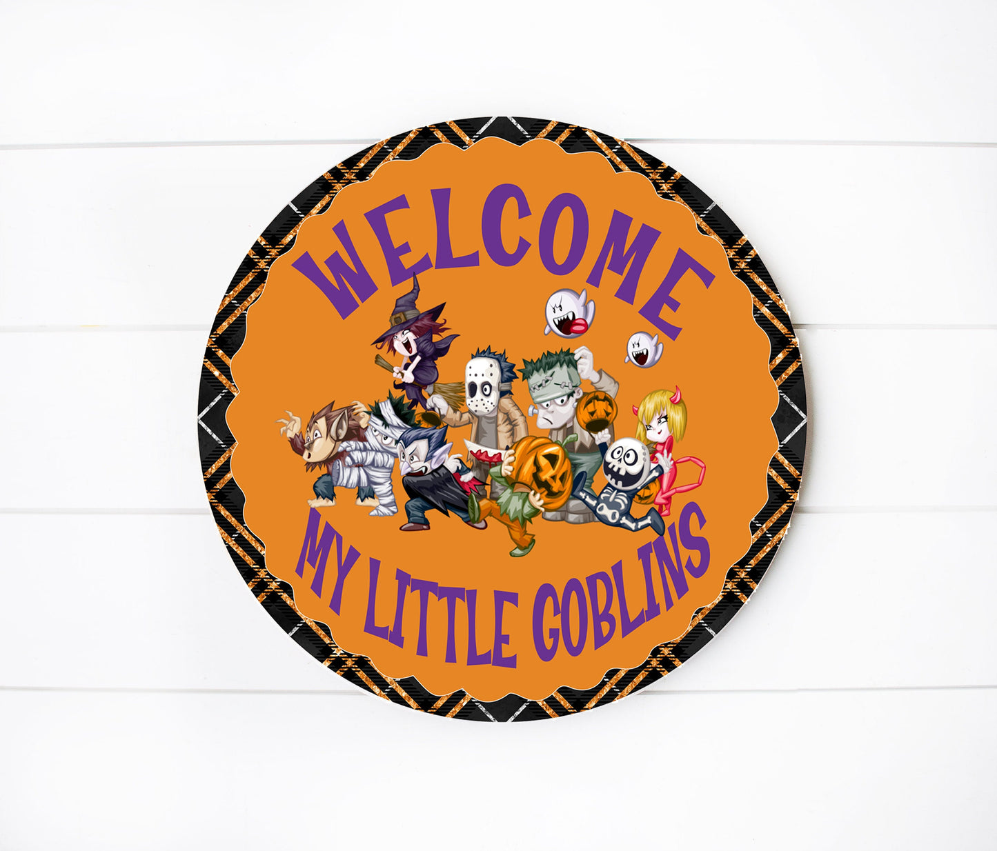 Welcome My Little Gobblins Halloween Round Printed Handmade Wood Sign