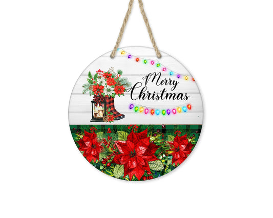 Boots and Poinsettia Merry Christmas Round Printed Handmade Wood Sign (8" or 12")