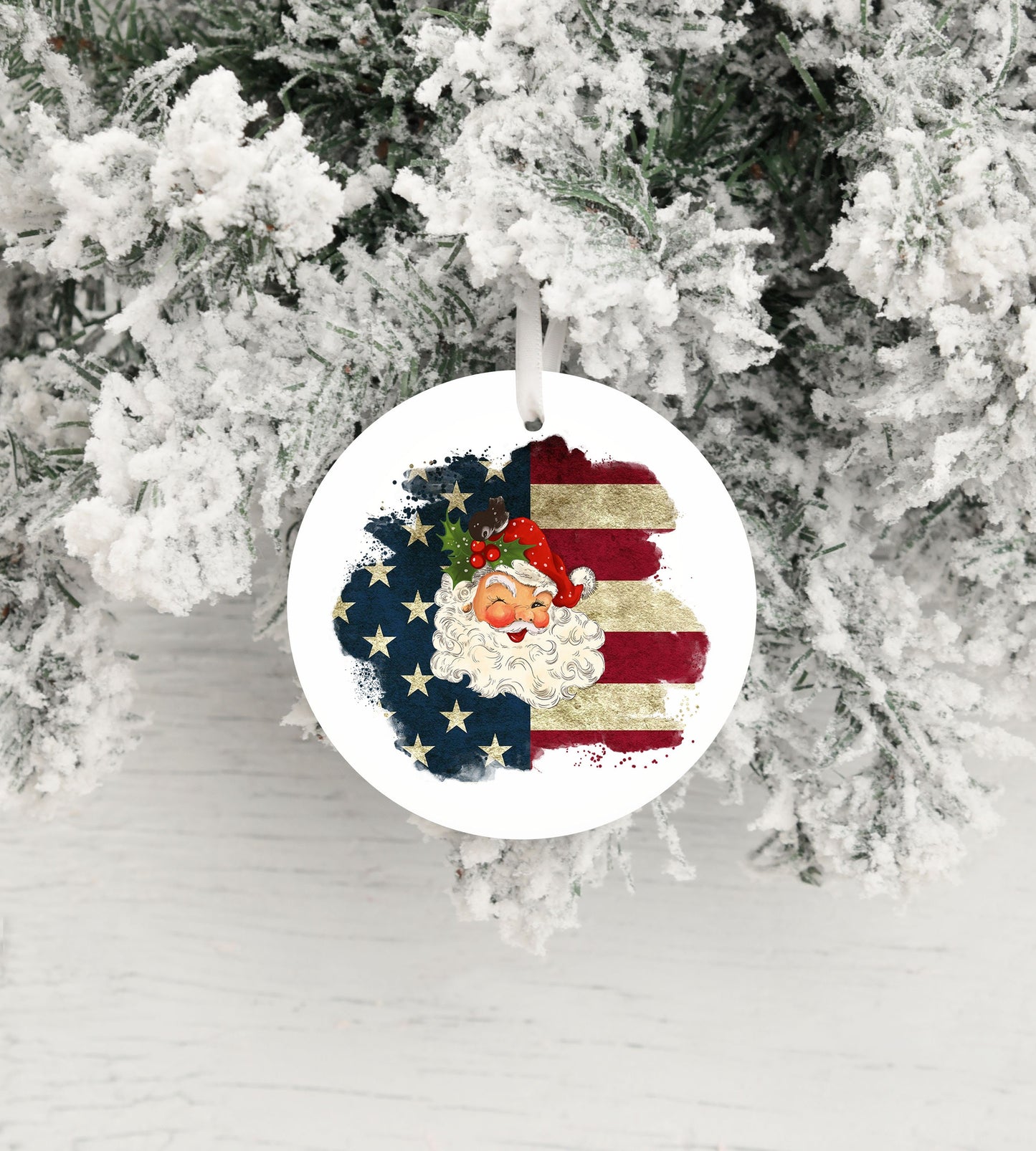 Patriotic Santa Ceramic Christmas Ornament