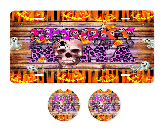 Spooky Mama Aluminum Front License Plate and Car Coaster Set