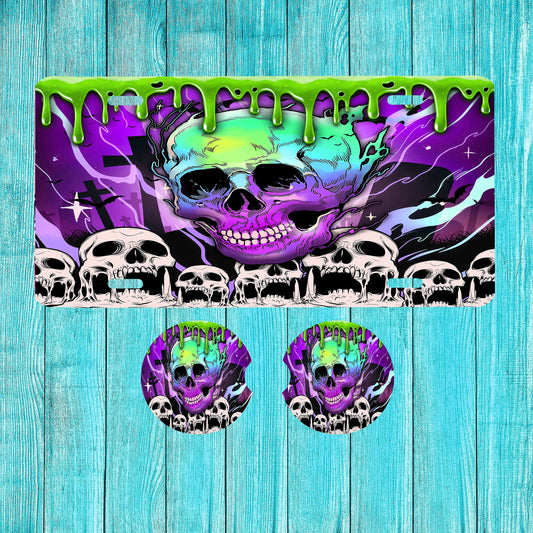 Purple Skulls Melting Aluminum Front License Plate and Car Coaster Set