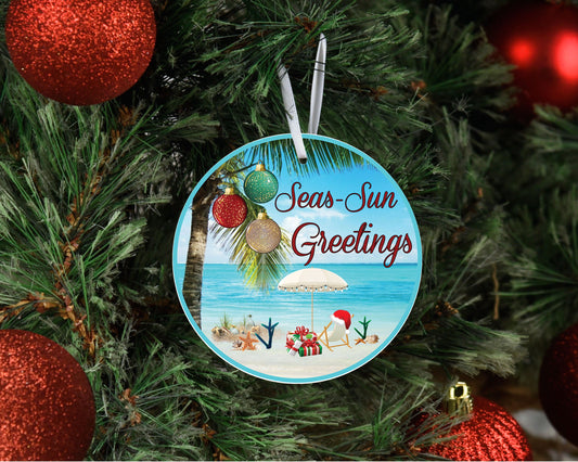 Seas Sun Greetings Beach Coastal Ceramic Christmas Ornament