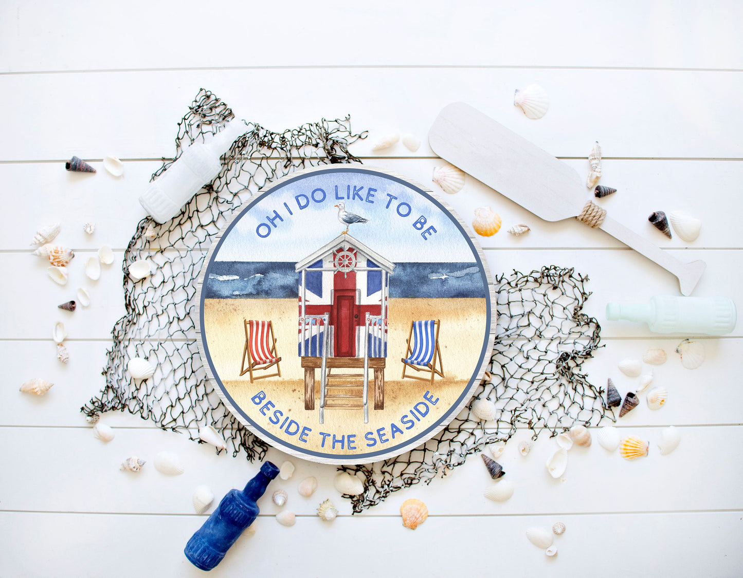 Oh I Do Like to Be Beside the Seaside Round Printed Handmade Wood Sign