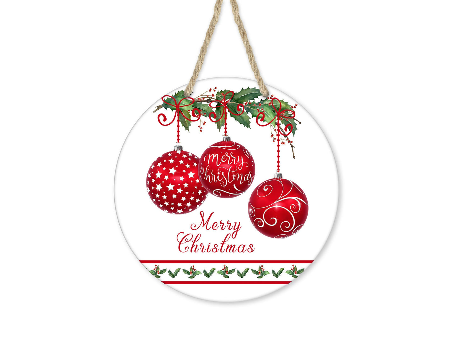 Red Ornaments Merry Christmas Round Printed Handmade Wood Sign (8" or 12")