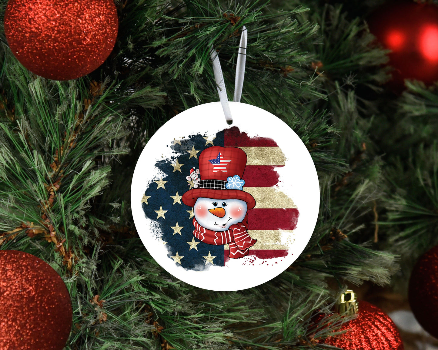 Patriotic Snowman Ceramic Christmas Ornament