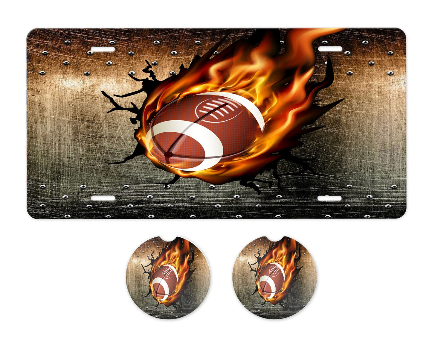 Flaming Football Aluminum Front License Plate and Car Coaster Set