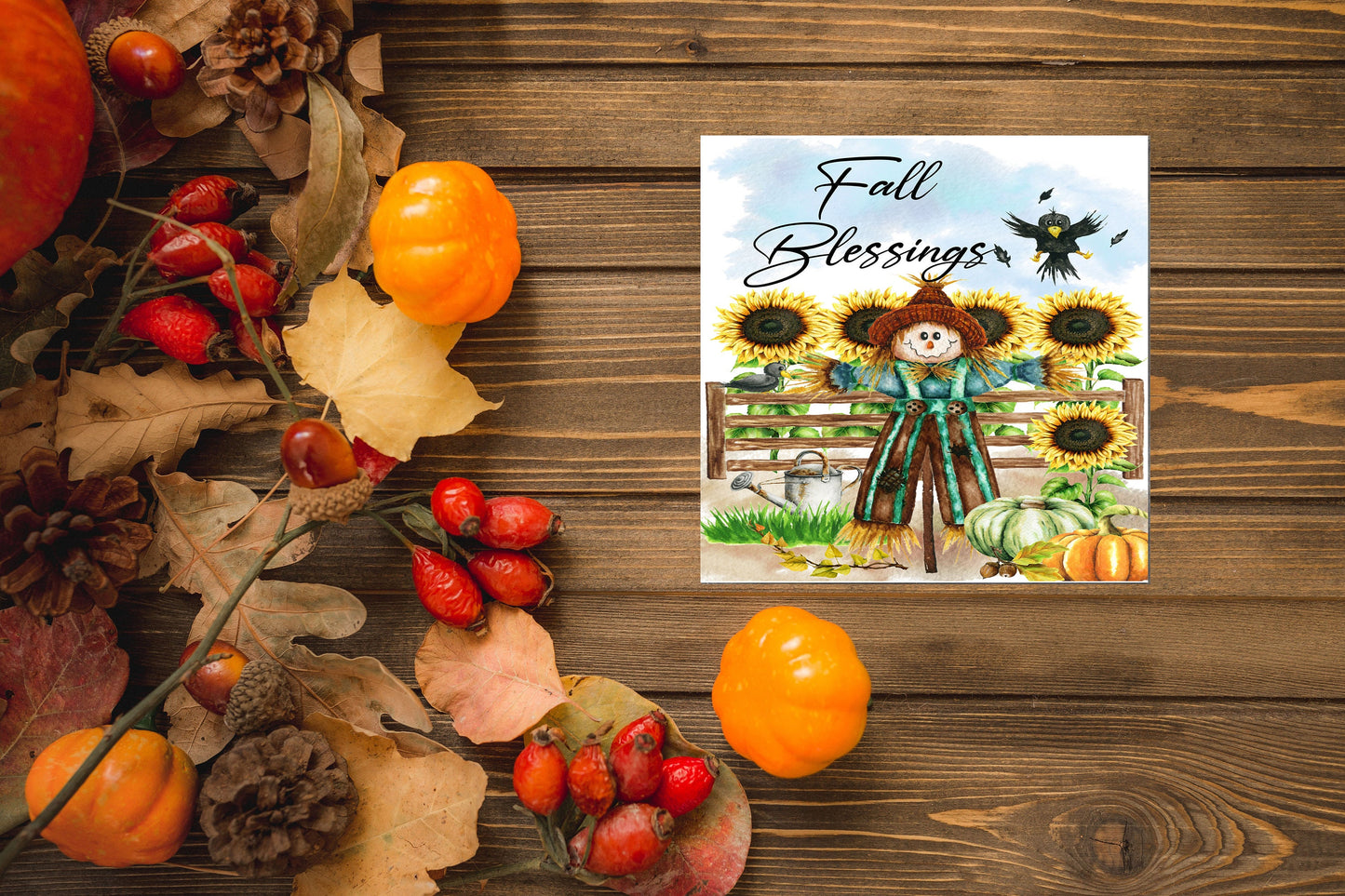 Fall Blessings Scarecrow Printed Handmade Wood  Mini Sign (5" x 5")