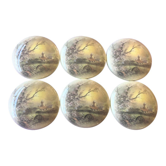 Set of 6 Old Time Farm Print Wood Cabinet Knobs