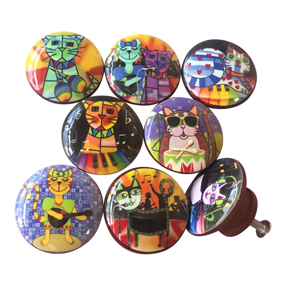 Set of 8 Cool Cats Musical Wood Cabinet Knobs