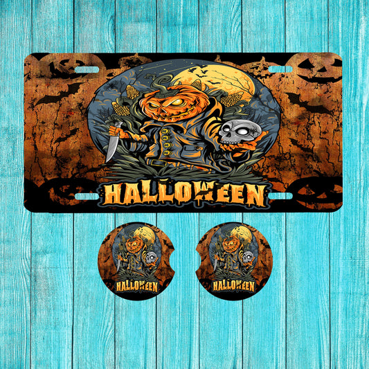 Halloween Horror Aluminum Front License Plate and Car Coaster Set
