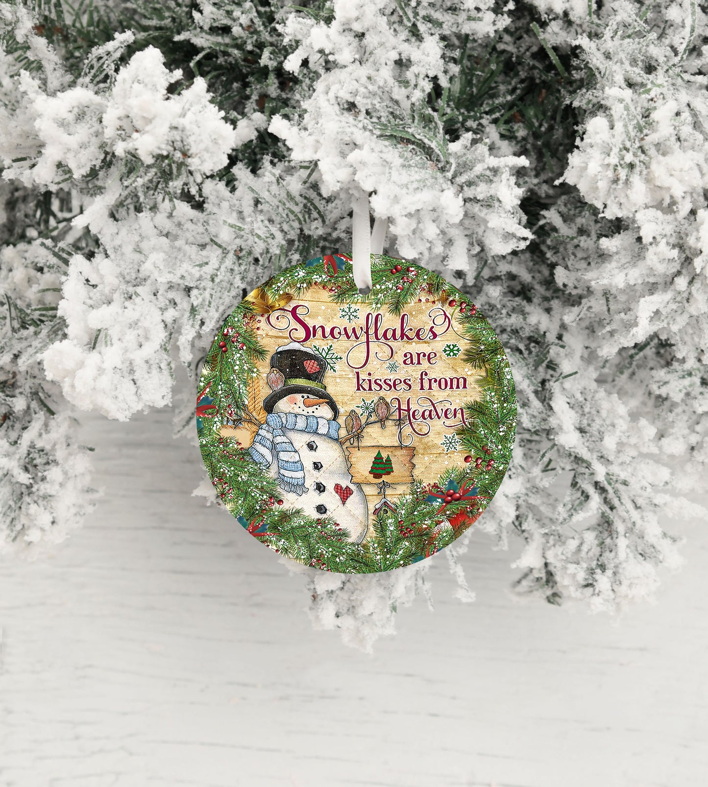 Snowflakes are Kisses From Heaven Round Ceramic Christmas Ornament