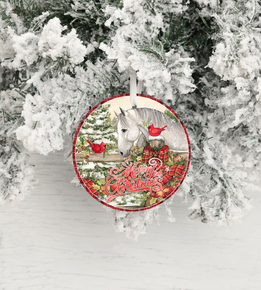 White Horse Merry Christmas Round Ceramic Christmas Ornament