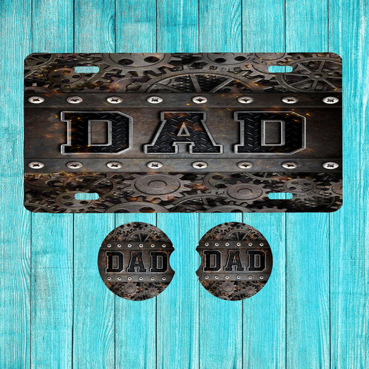 Dad Gears Aluminum Front License Plate and Car Coaster Set