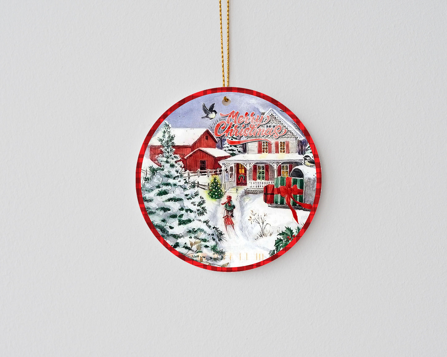 Merry Christmas Country Farmhouse Round Ceramic Christmas Ornament