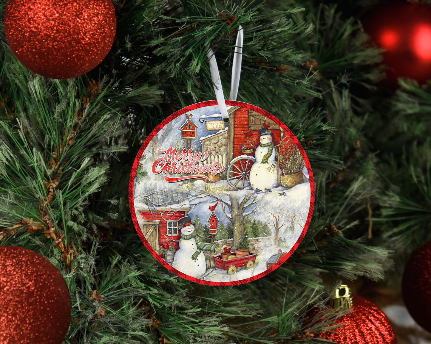 Merry Christmas Country Snowmen Round Ceramic Christmas Ornament