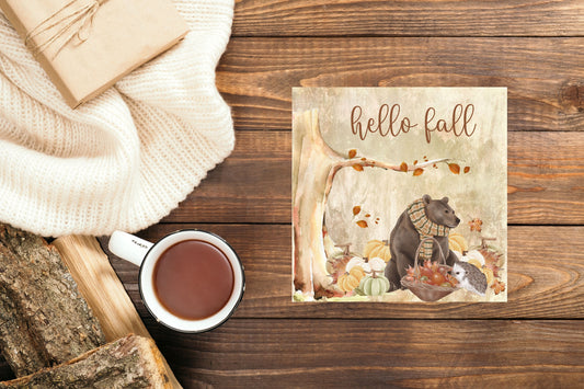 Hello Fall Bear Printed Handmade Wood  Mini Sign
