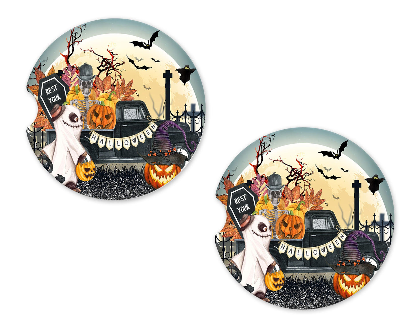 Set of 2 Halloween Ghost Truck Sandstone Car Coasters