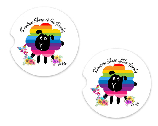 Set of 2 Rainbow Sheep of the Family Sandstone Car Coasters