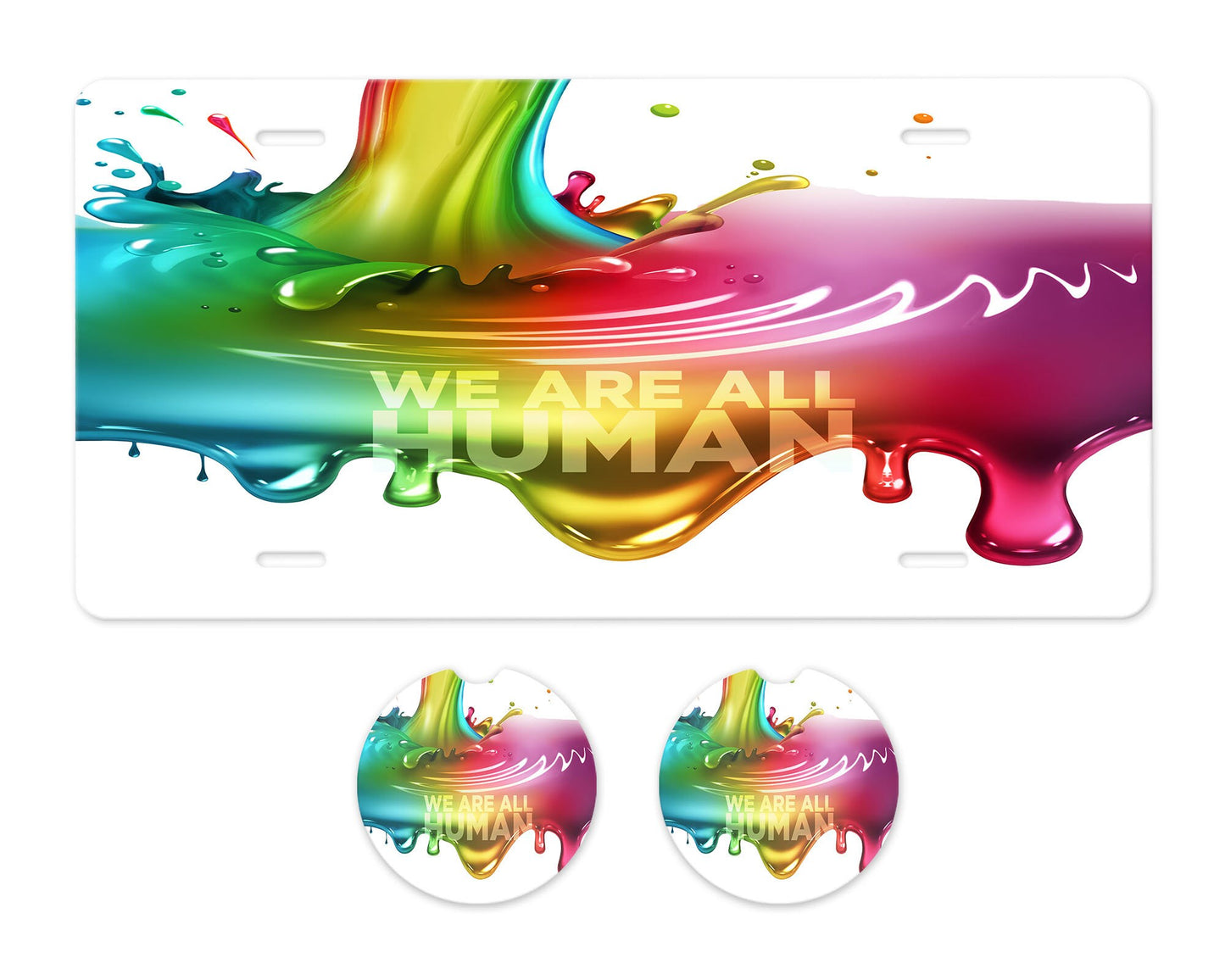 We are all Human Aluminum Front License Plate and Car Coaster Set