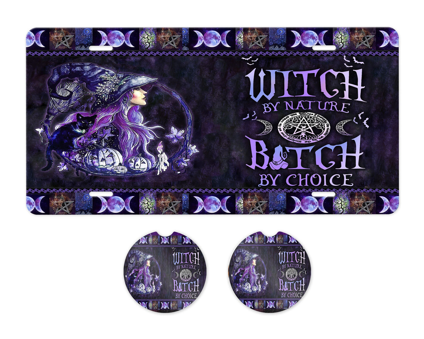 Witch by Nature Aluminum Front License Plate and Car Coaster Set