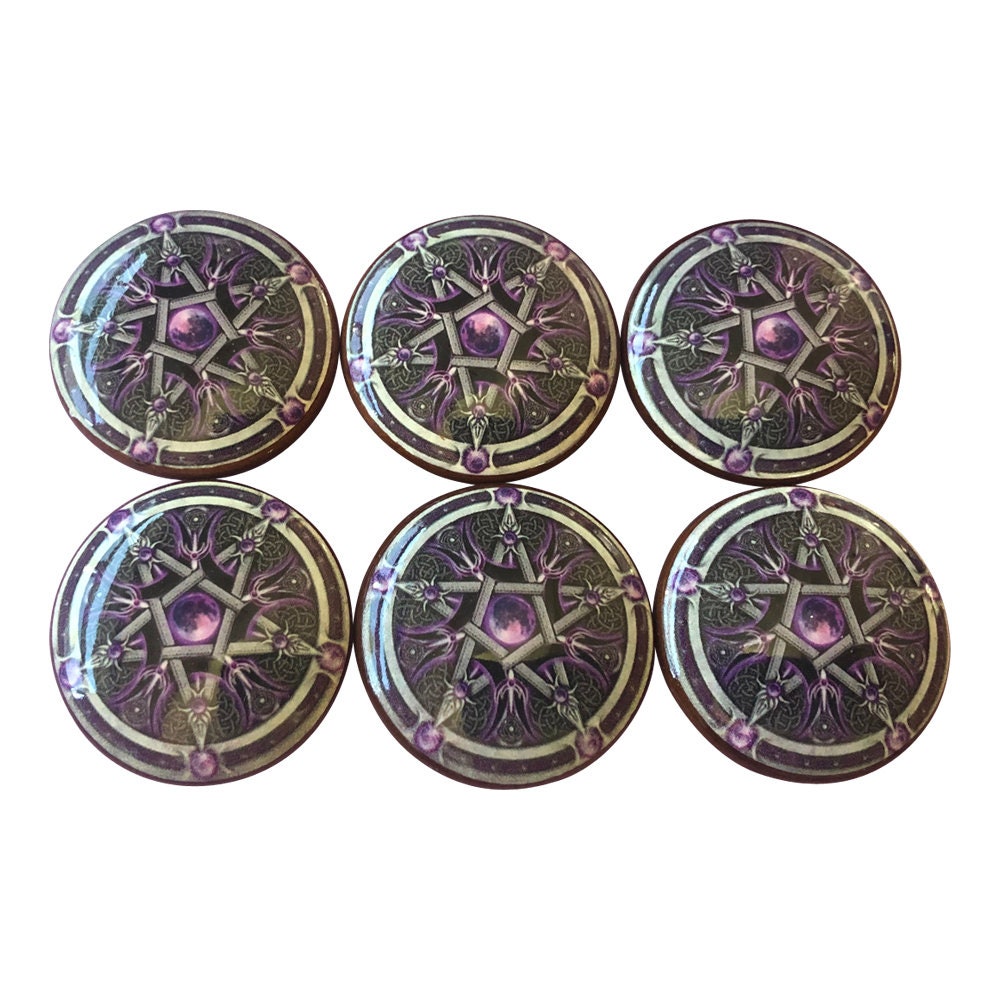 Set of 6 Purple Celtic Print Wood Cabinet Knobs