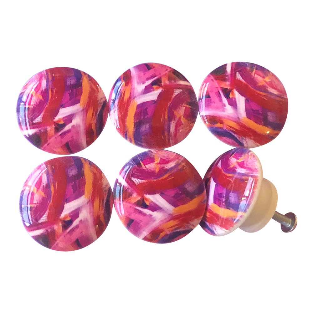 Set of 6 Pink Passion Abstract Print Wood Cabinet Knobs