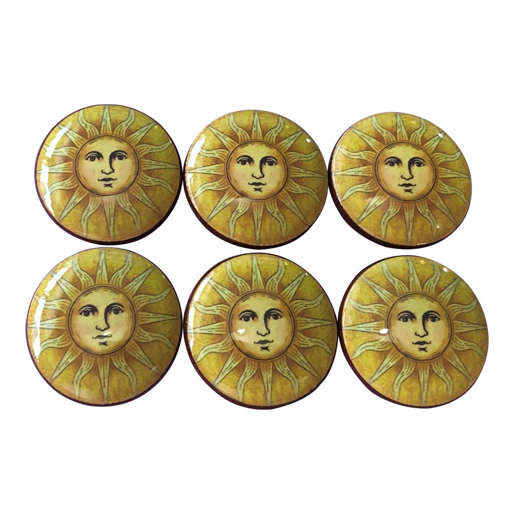 Set of 6 Golden Sun Print Wood Cabinet Knobs