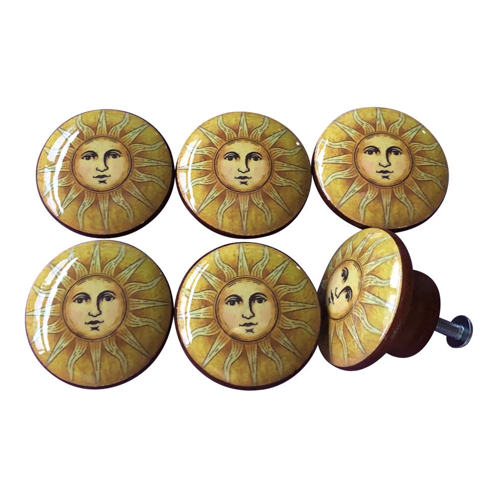 Set of 6 Golden Sun Print Wood Cabinet Knobs