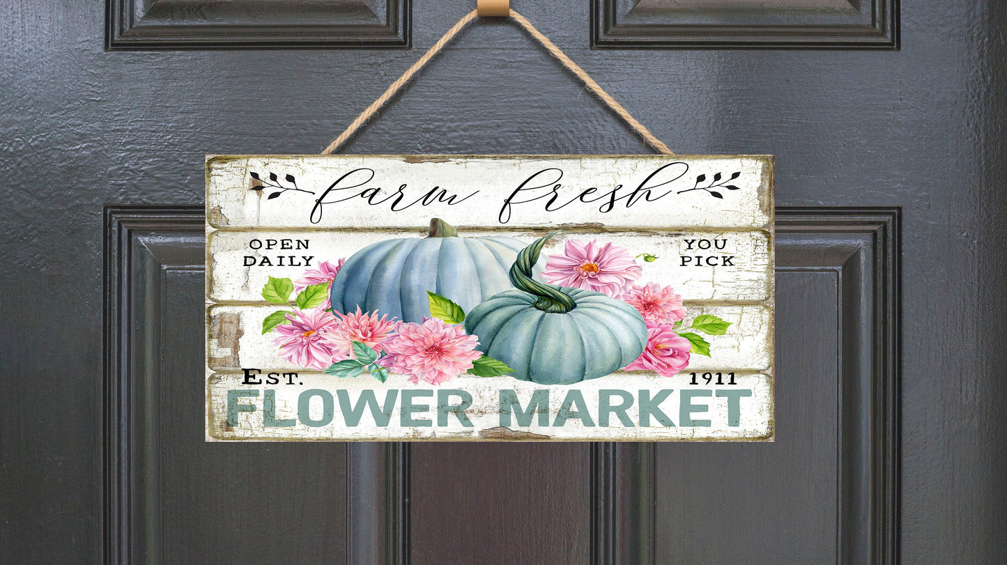 Blue Pumpkin Flower Market Fall Printed Handmade Wood Sign (10" x 5")
