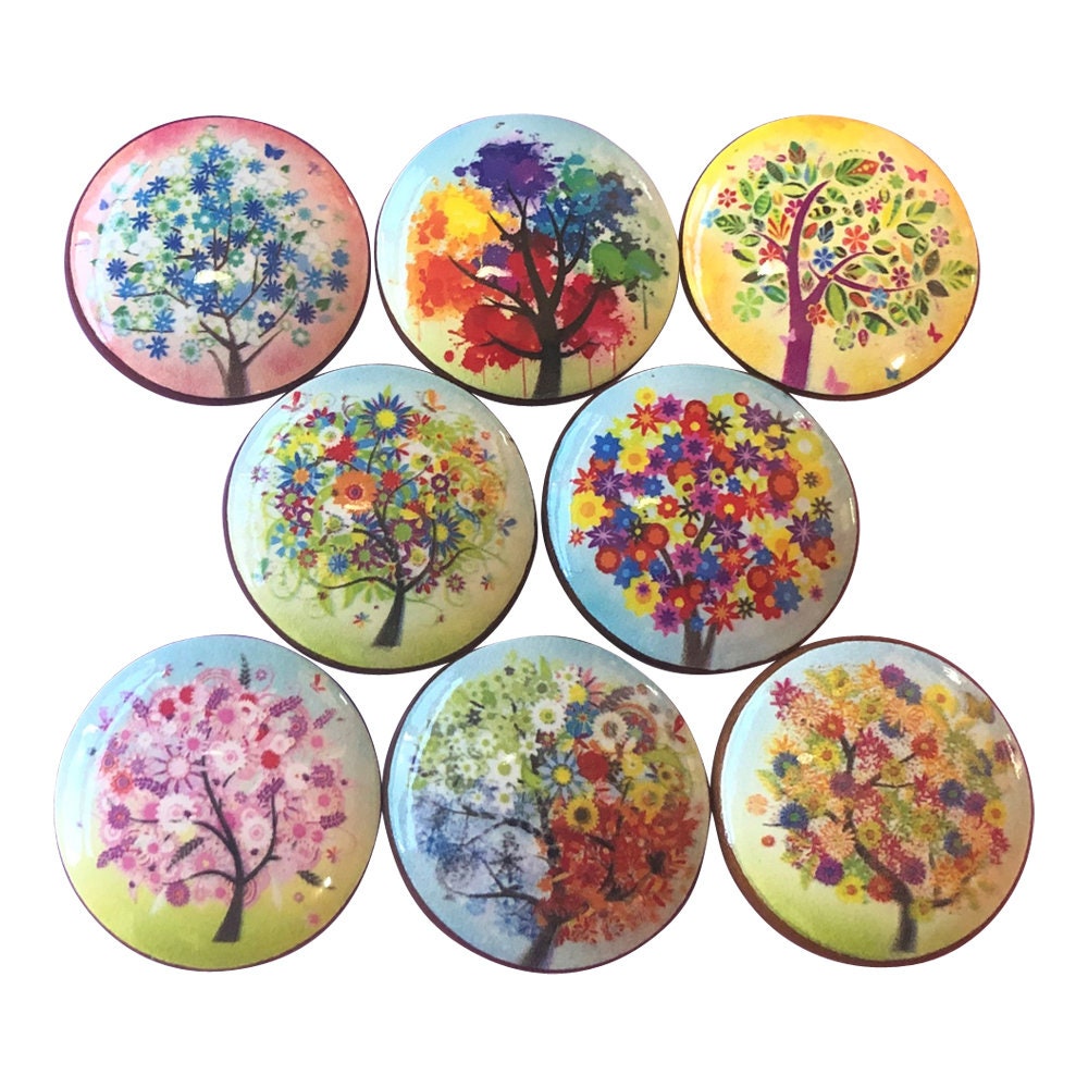 Set of 8 Four Seasons Colorful Trees Wood Cabinet Knobs