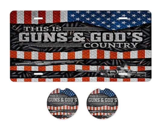 Guns and God's Country Patriotic Aluminum Front License Plate and Car Coaster Set