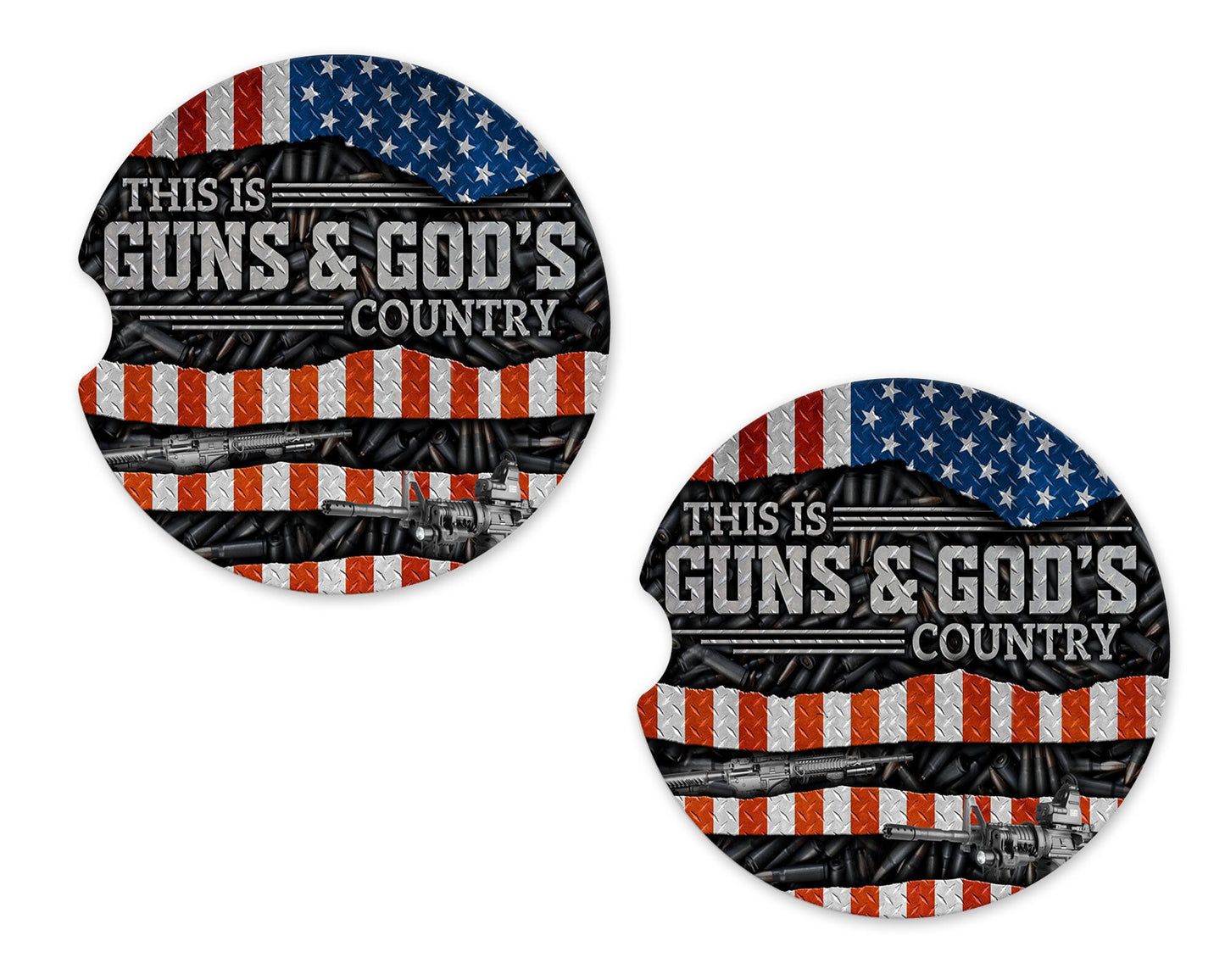 Guns and God's Country Patriotic Aluminum Front License Plate and Car Coaster Set