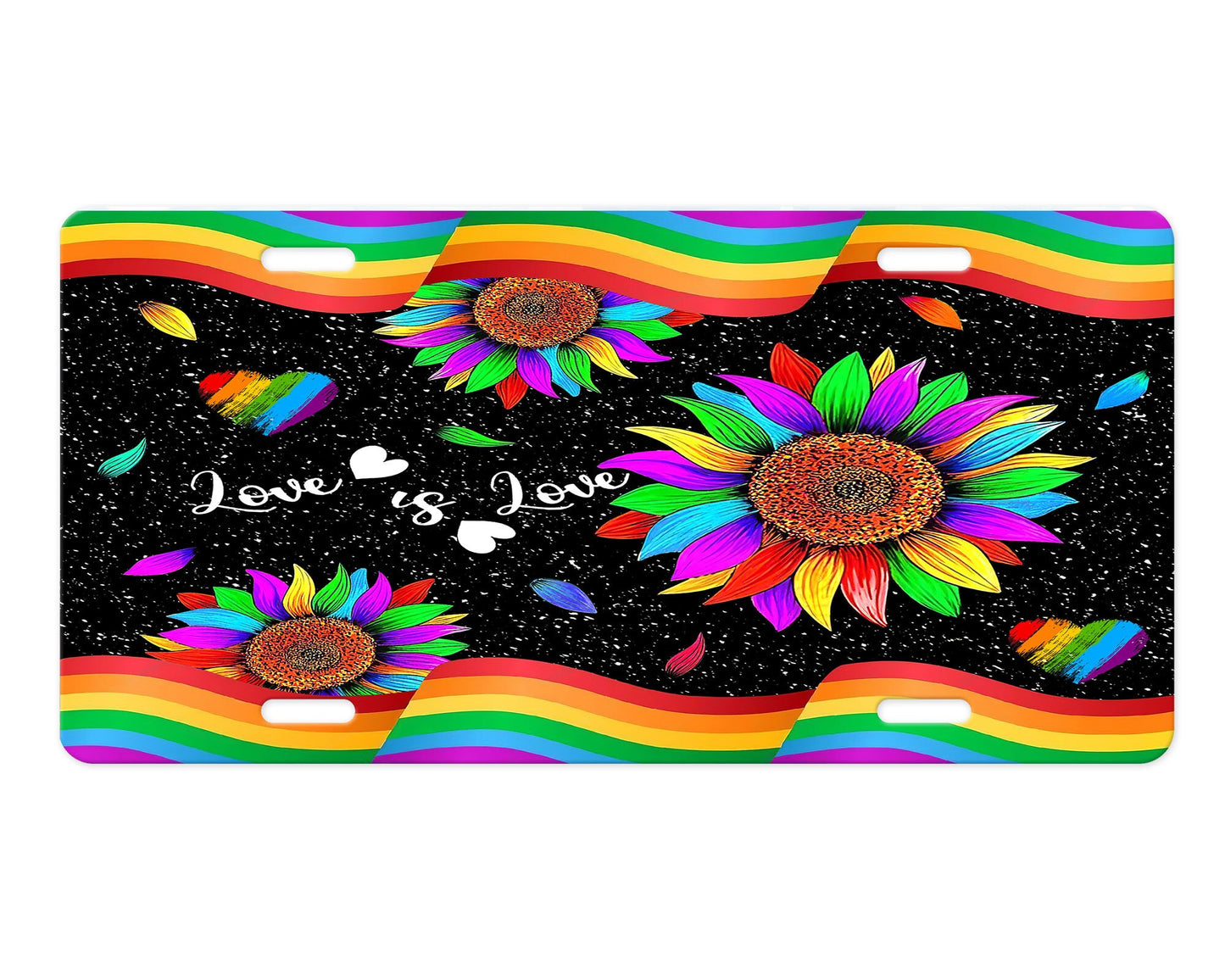 Love is Love Rainbow Sunflowers Aluminum Front License Plate and Car Coaster Set