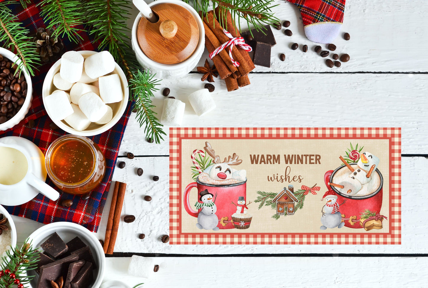 Warm Winter Wishes Hot Cocoa Christmas Printed Handmade Wood Sign (10" x 5")