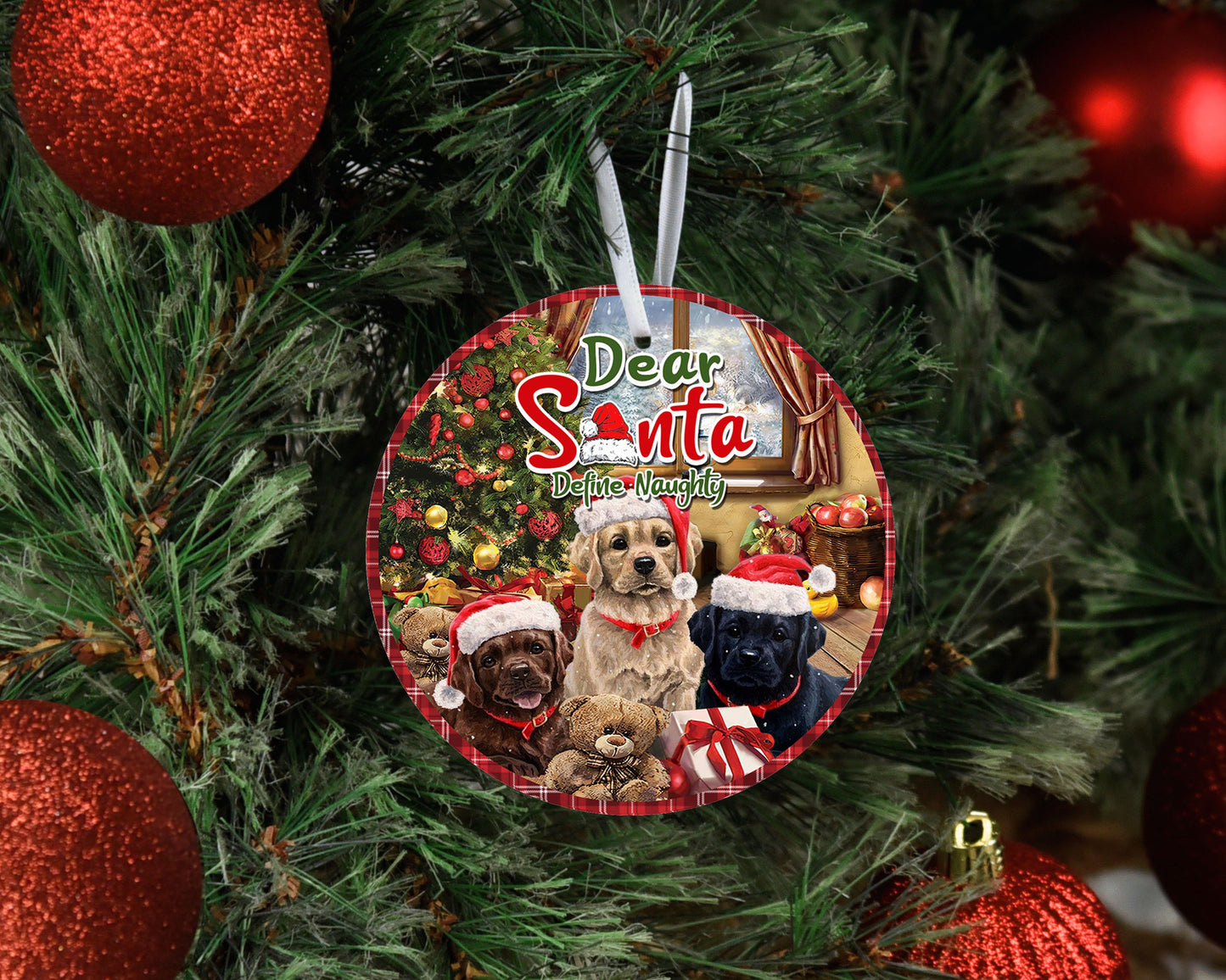 Dear Santa Define Naughty Puppies Round Ceramic Christmas Ornament