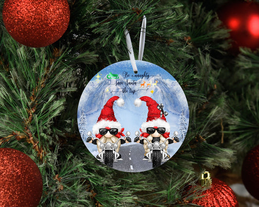 Biker Gnomes Be Naughty Round Ceramic Christmas Ornament