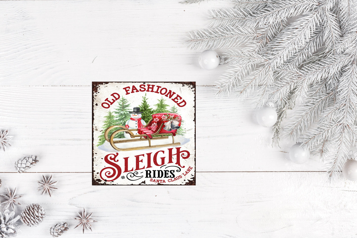 Old Fashioned Sleigh Rides Printed Handmade Wood Christmas Ornament Mini Sign