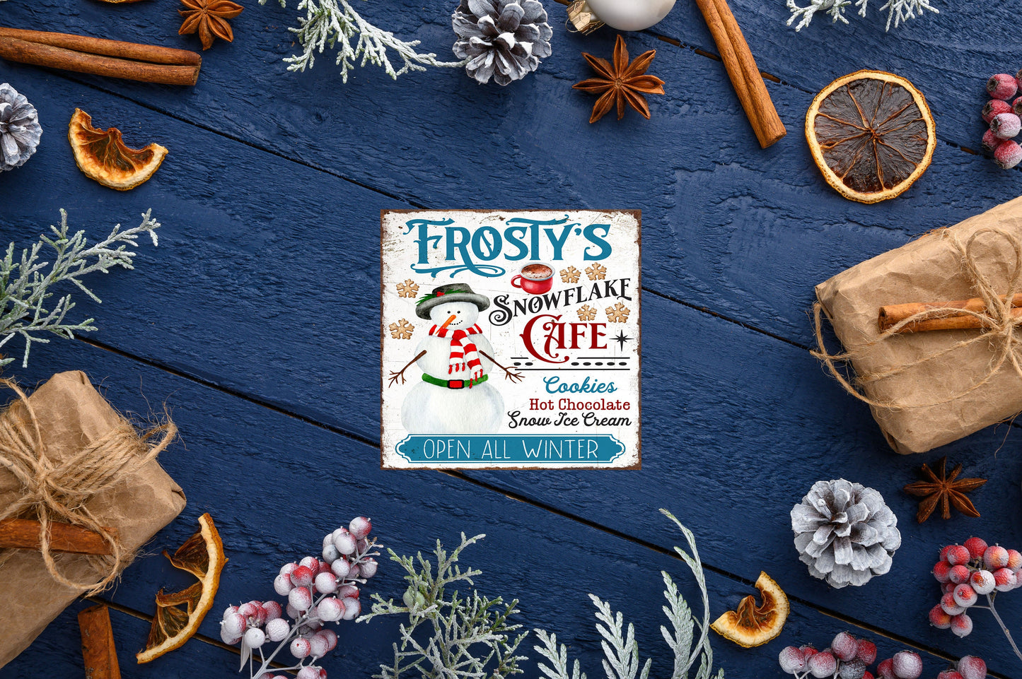 Frosty's Snowflake Cafe Printed Handmade Wood Christmas Ornament Mini Sign